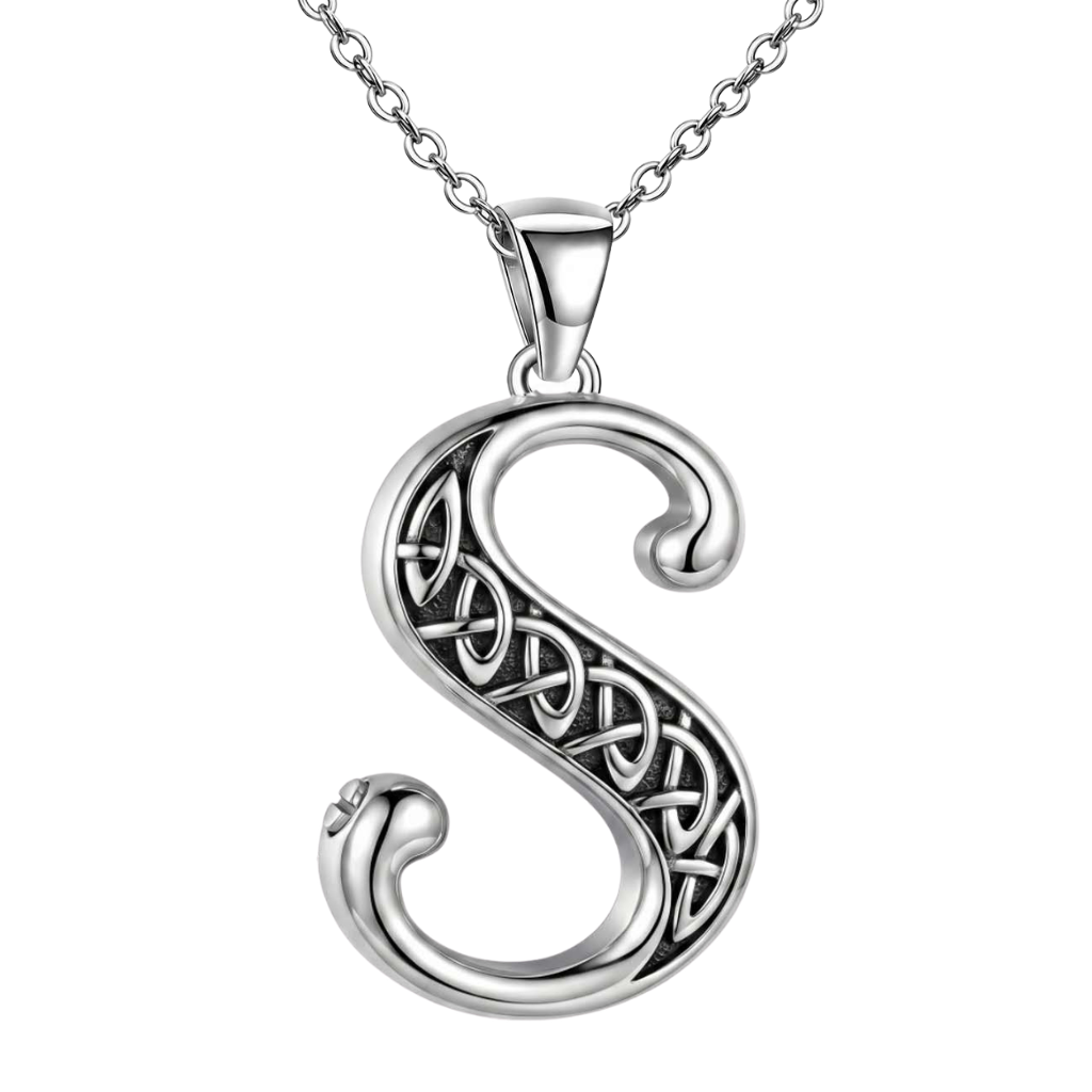 A sterling silver Celtic letter 'S' pendant necklace with an intricate knotwork design, suspended from a matching silver chain against a plain white background.