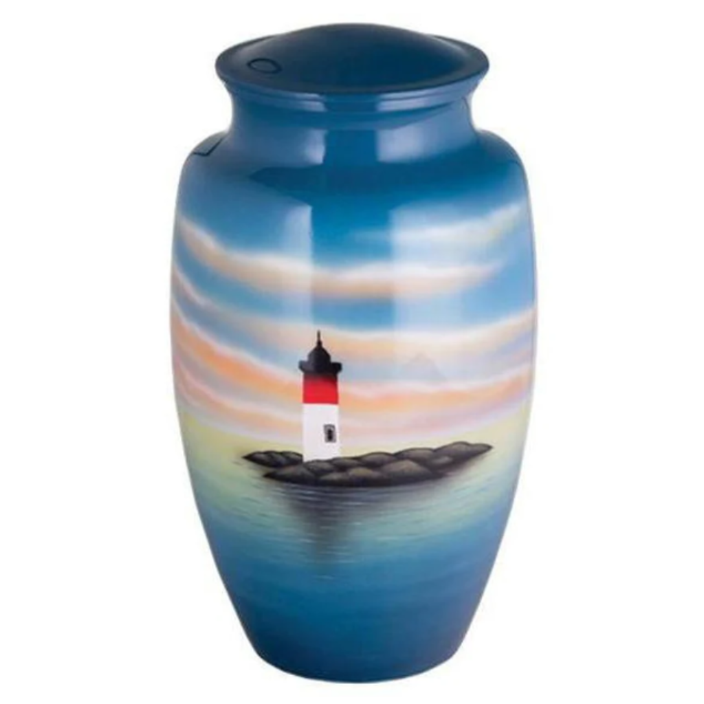 Blue urn with painted red and white lighthouse 