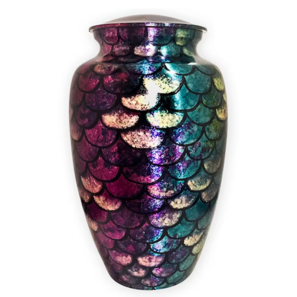 Red, purple and aqua scaled pearlescent urn