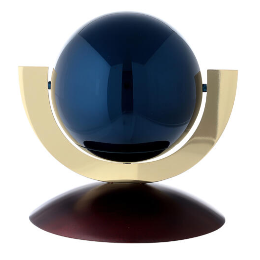 Blue shiny orb urn on gold and wooden stand