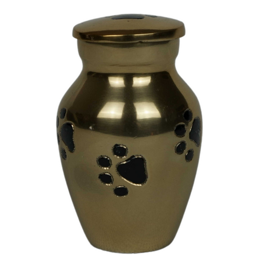 Gold keepsake urn with black etched pawprints