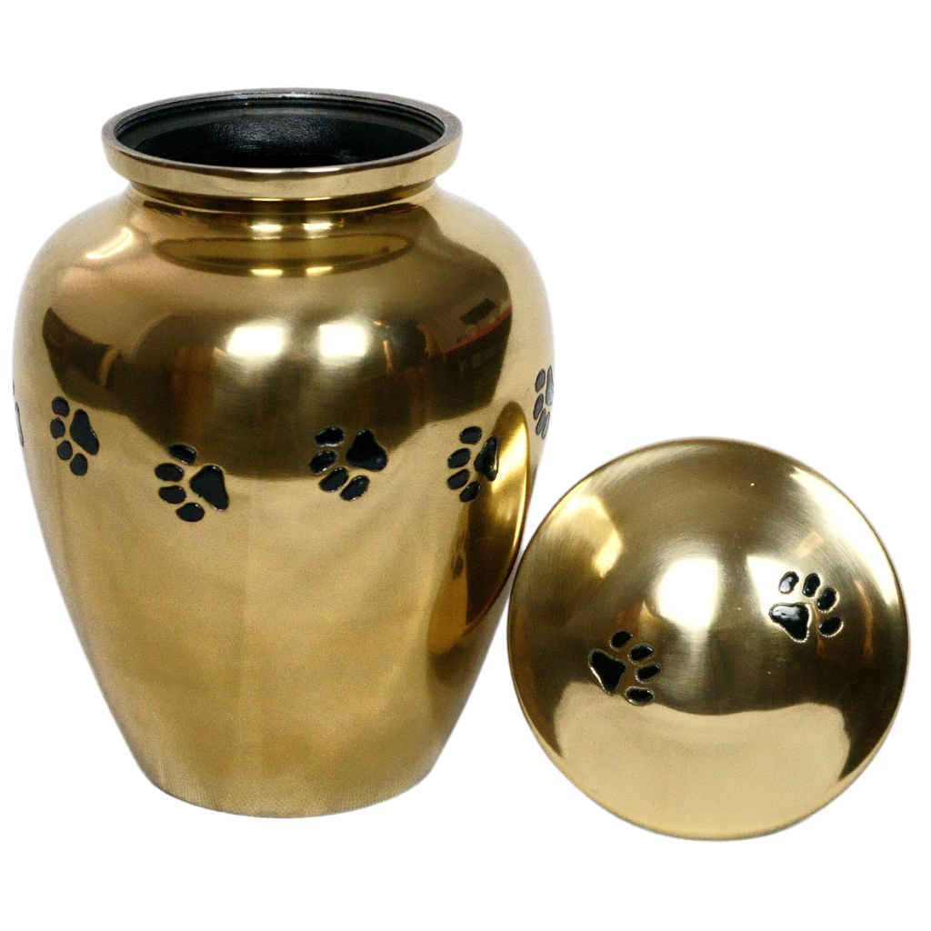 Gold urn with black etched pawprints lid off