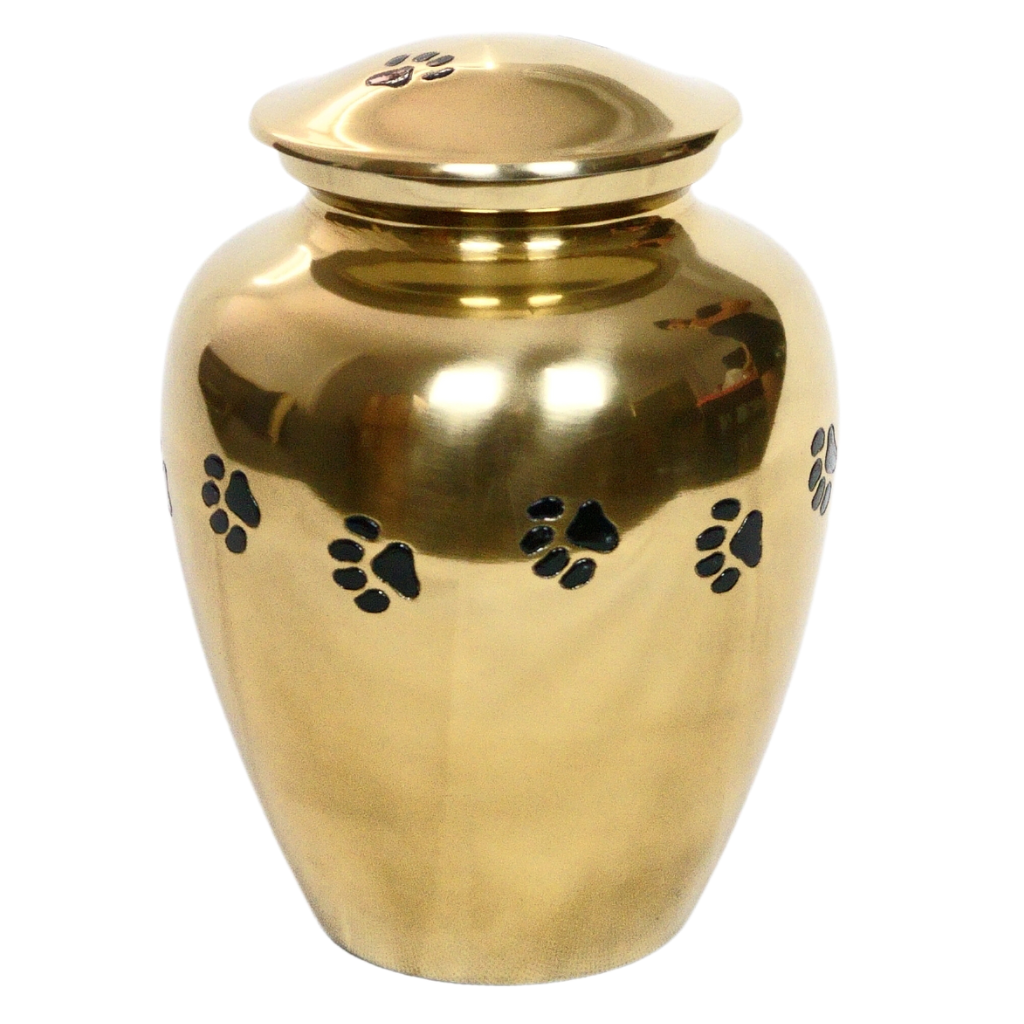 Gold urn with black etched pawprints