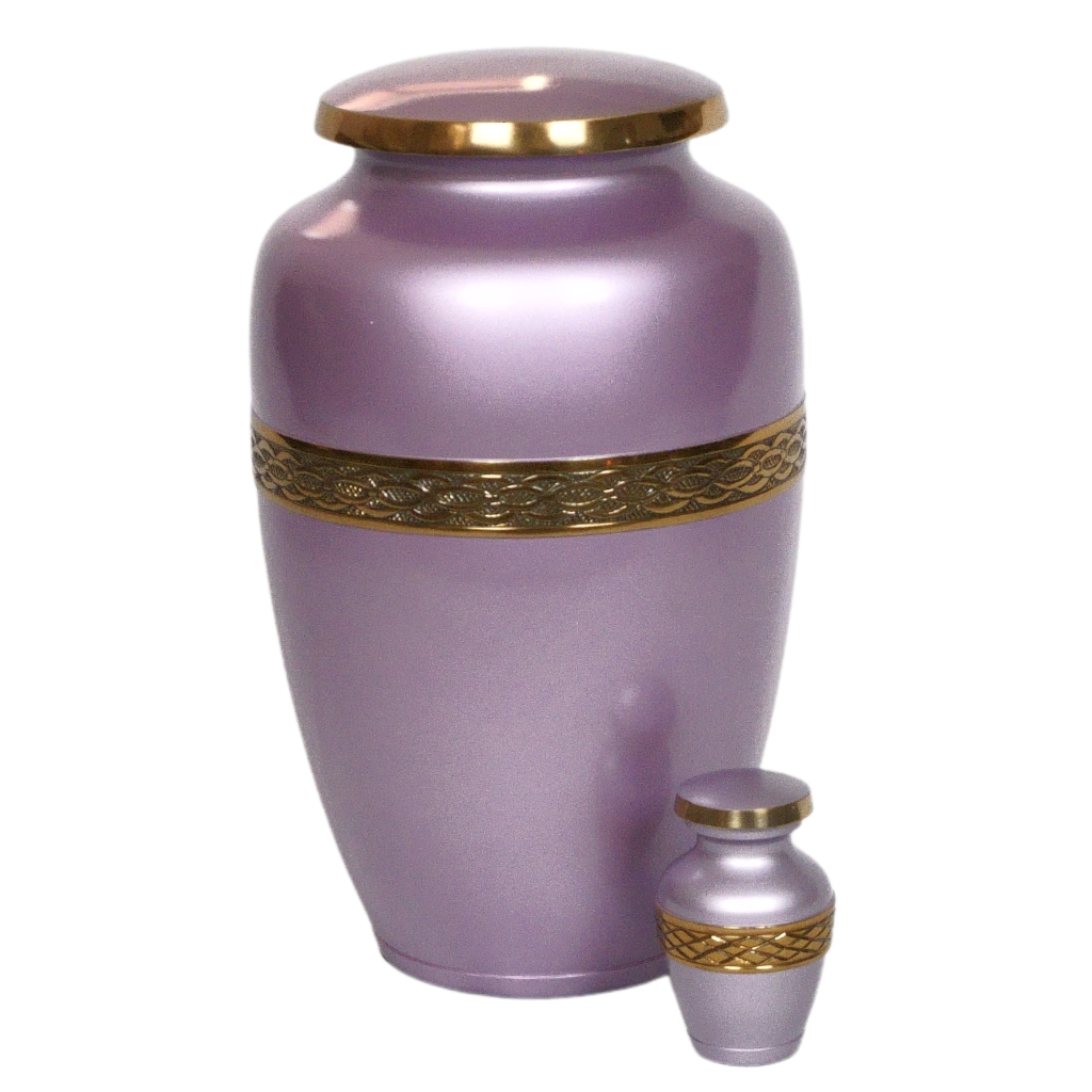 Pink keepsake urn with gold leaf details next to matching full size urn