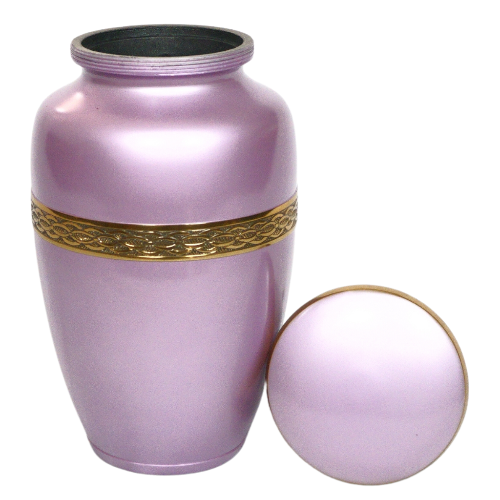 Pink urn with gold leaf details lid off