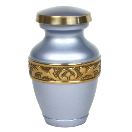 Silver bluish keepsake urn with gold leaf details