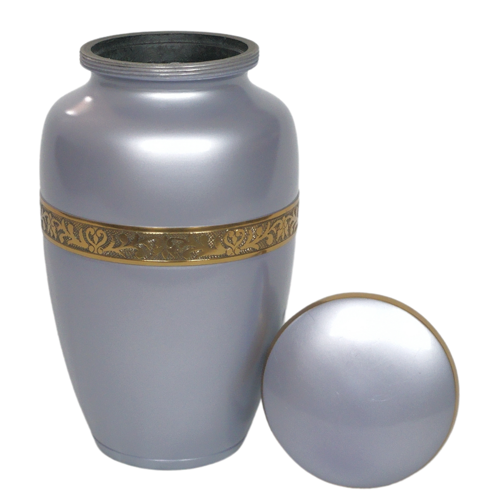 Silver bluish urn with gold leaf details lid off