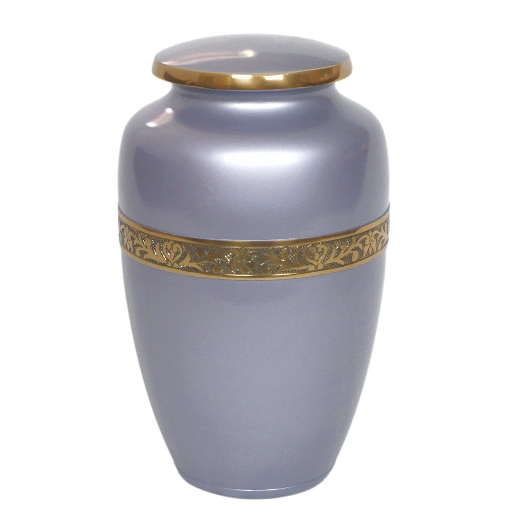 Silver bluish urn with gold leaf details