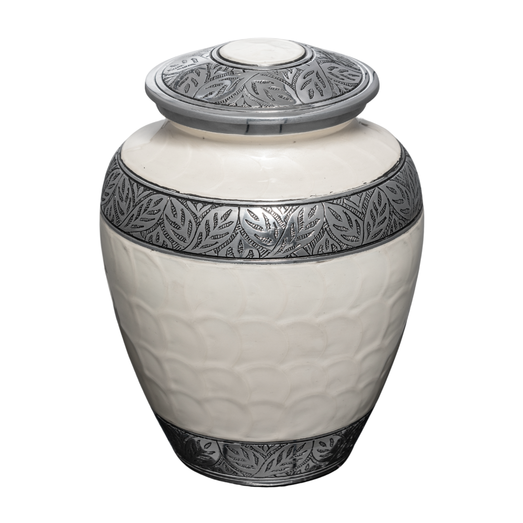 White soft scale urn with silver leaf details