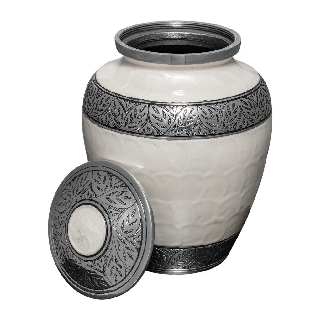 White soft scale urn with silver leaf details