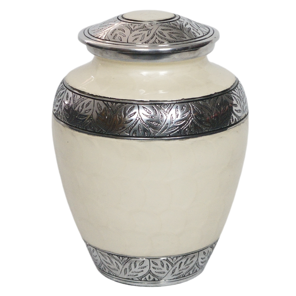 White soft scale urn with silver leaf details