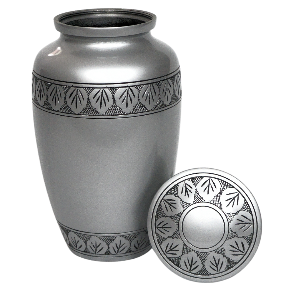 Silver pewter style urn with etched leaves lid off