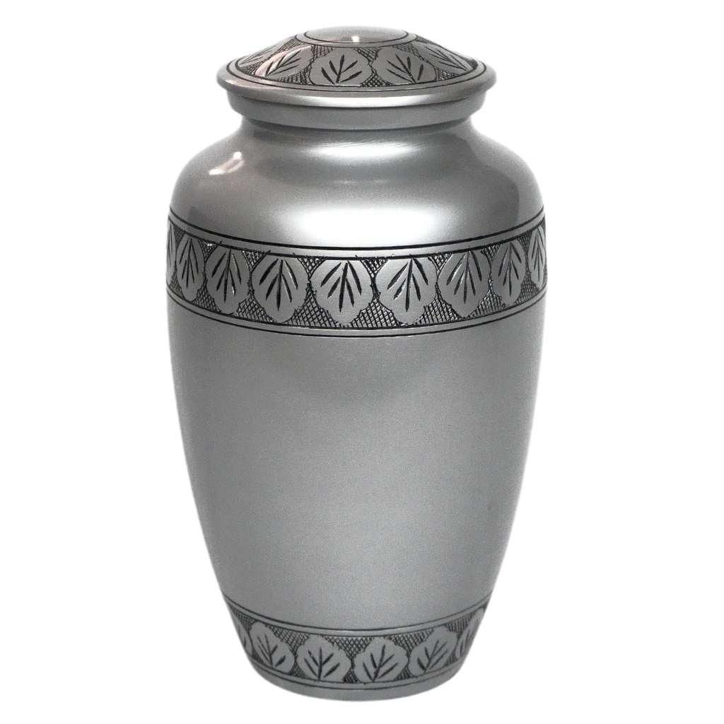 Silver pewter style urn with etched leaves
