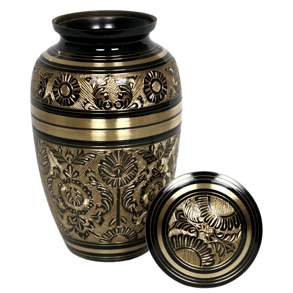 Black and gold brass urn with flower and nature details lid off