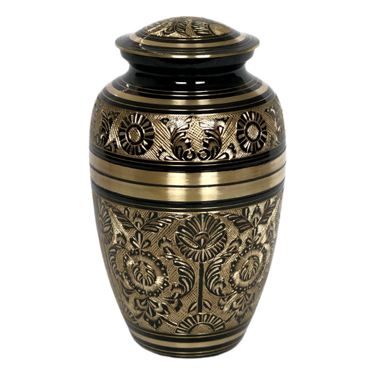 Black and gold brass urn with flower and nature details