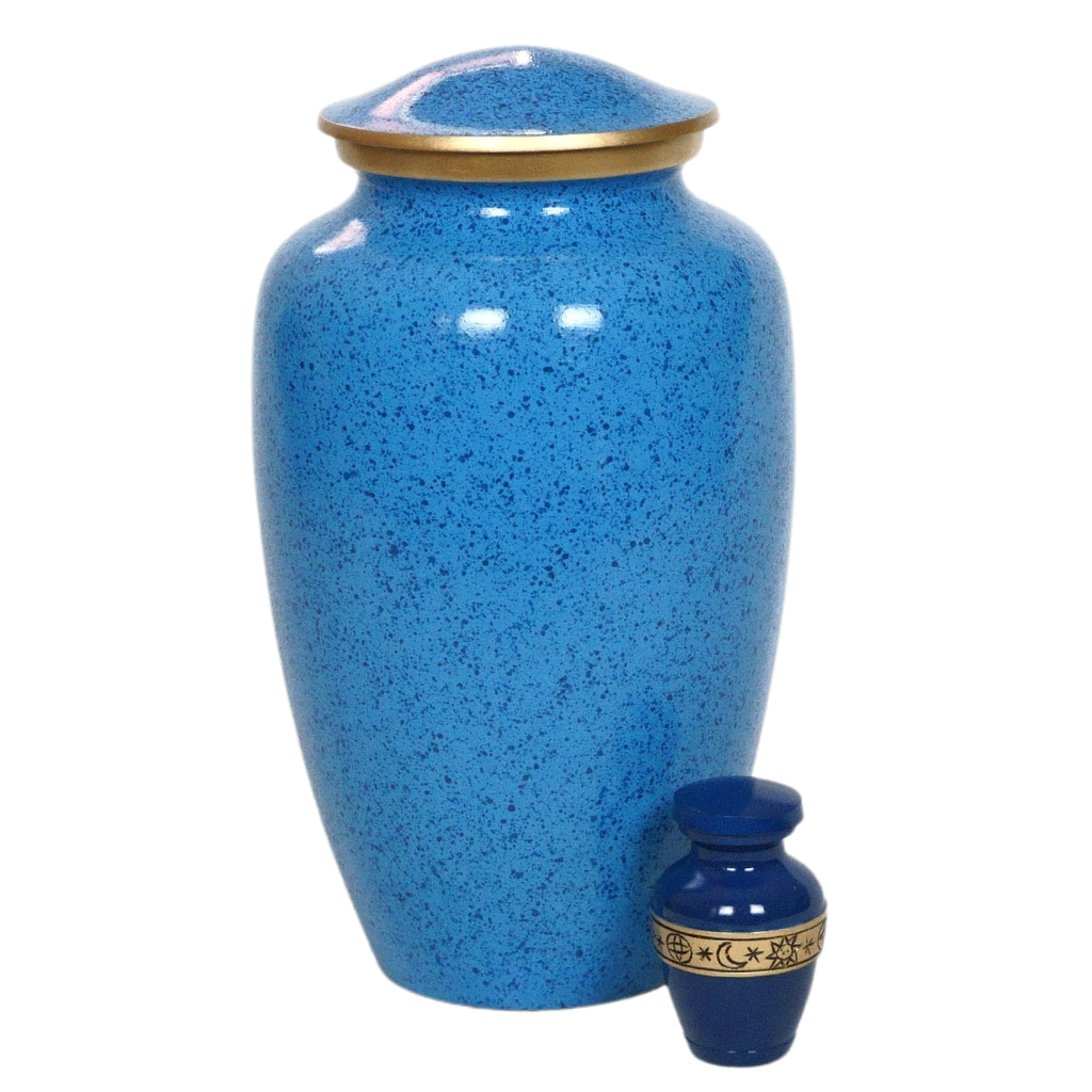 Blue keepsake urn with gold sun and moon details next to full size blue urn