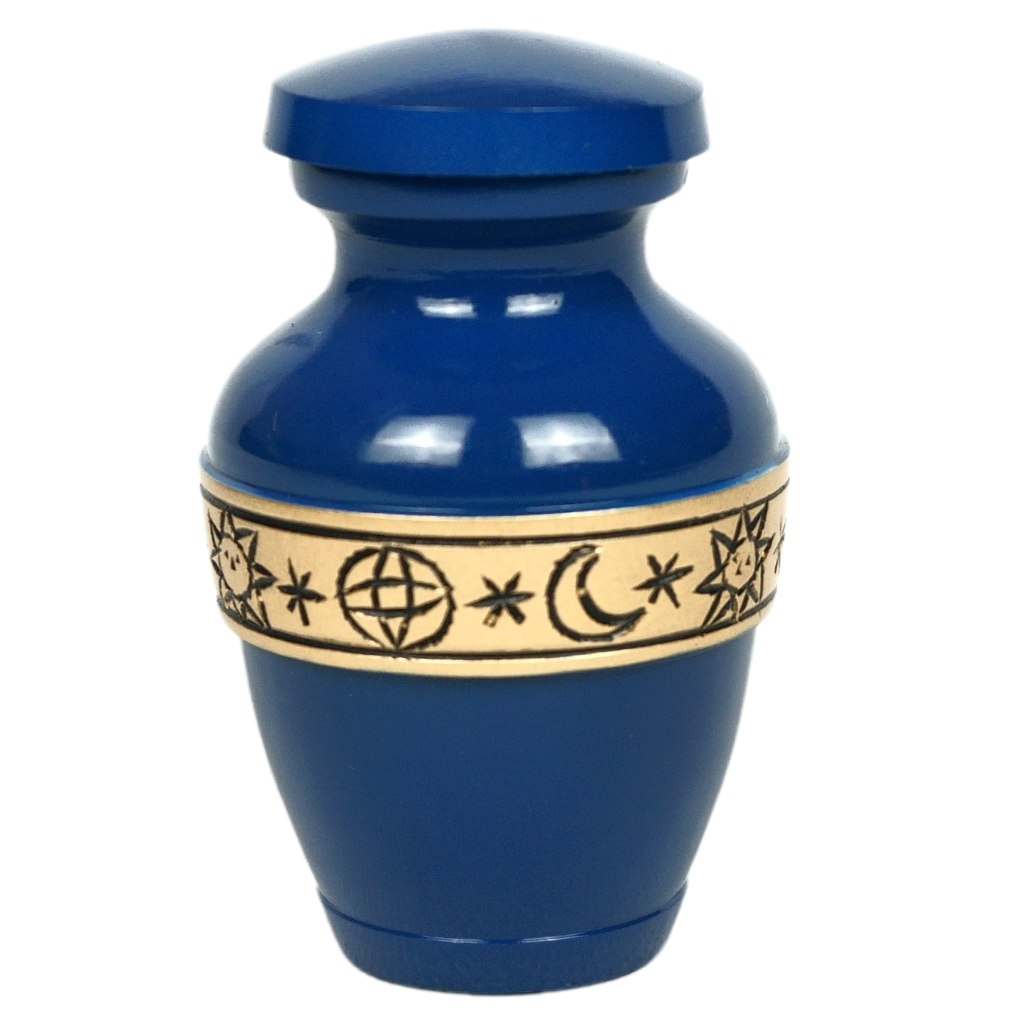 Blue keepsake urn with gold sun and moon details