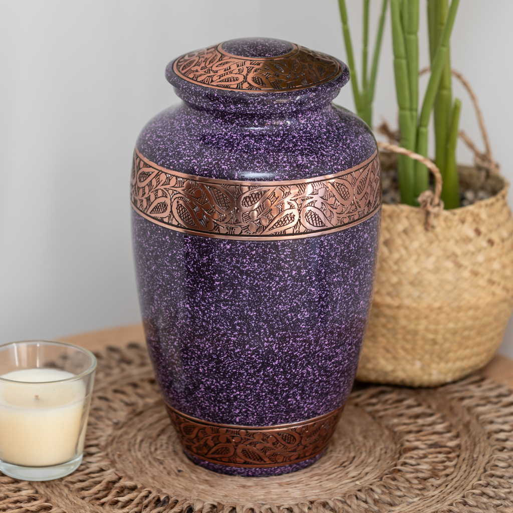 Purple starry pattern with bronze detailing in natural setting