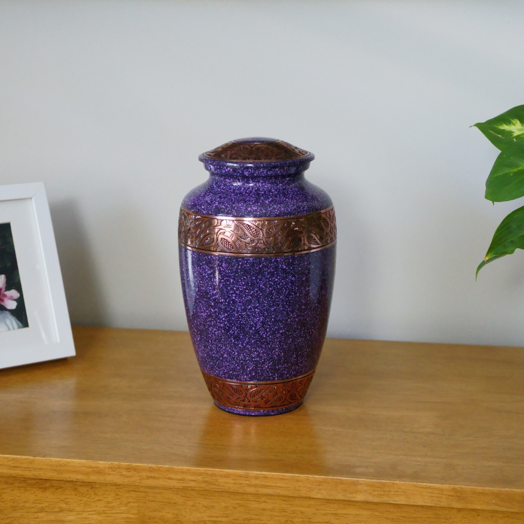 Purple starry pattern with bronze detailing in natural setting