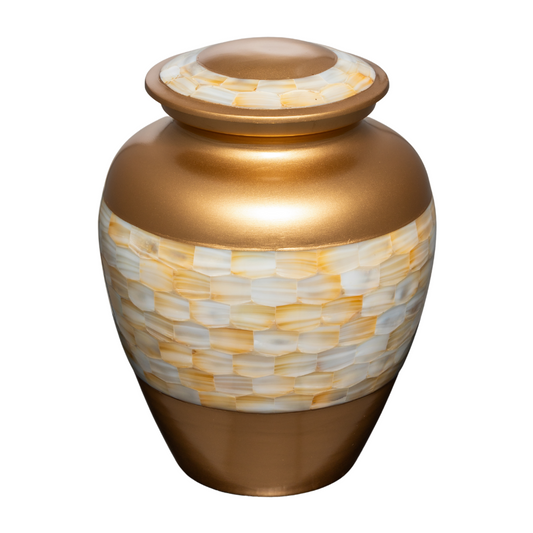 Gold urn with mother of pearl mosaic