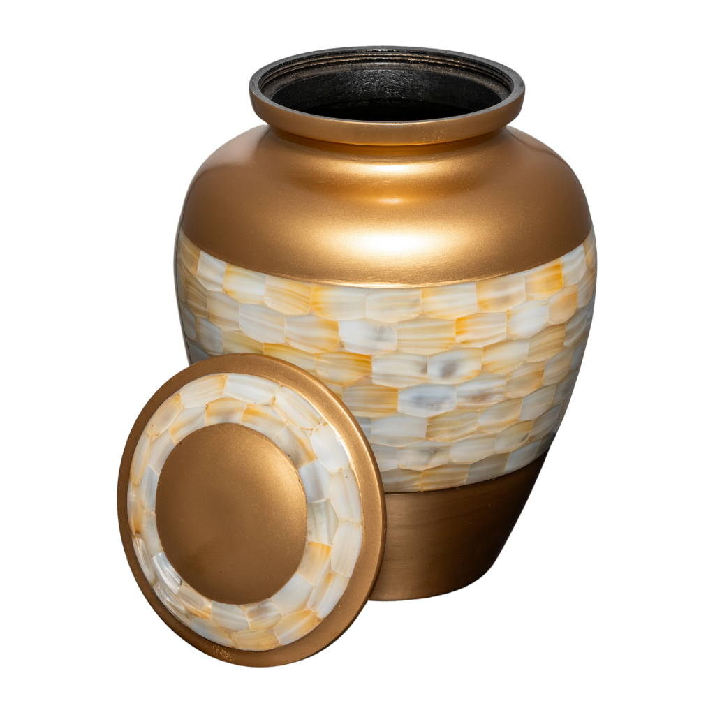 Gold urn with mother of pearl mosaic