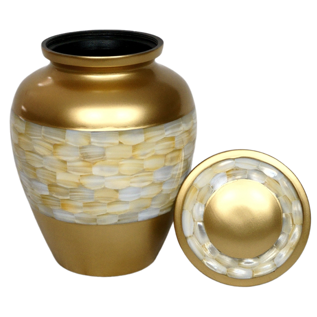Gold urn with mother of pearl mosaic lid off
