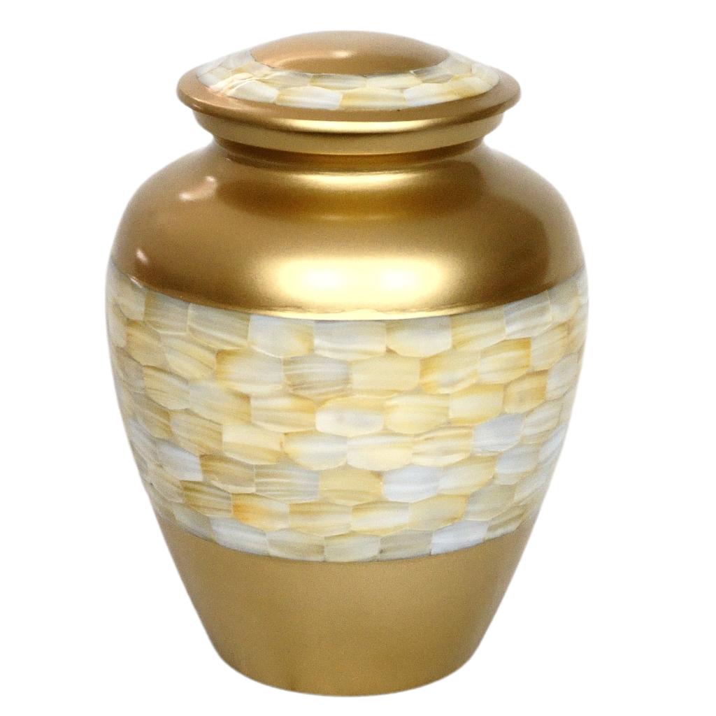 Gold urn with mother of pearl mosaic