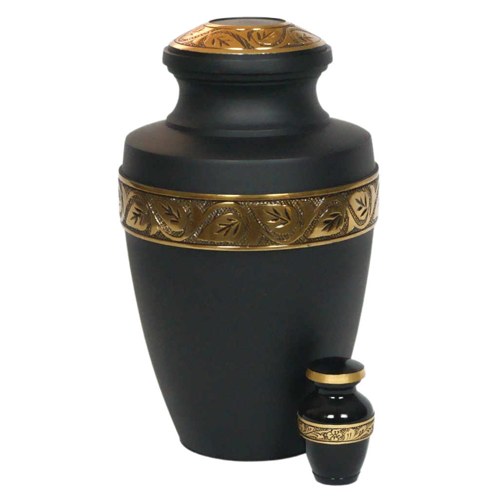 Black keepsake urn with gold leaf and flower detailing next to matching full size urn