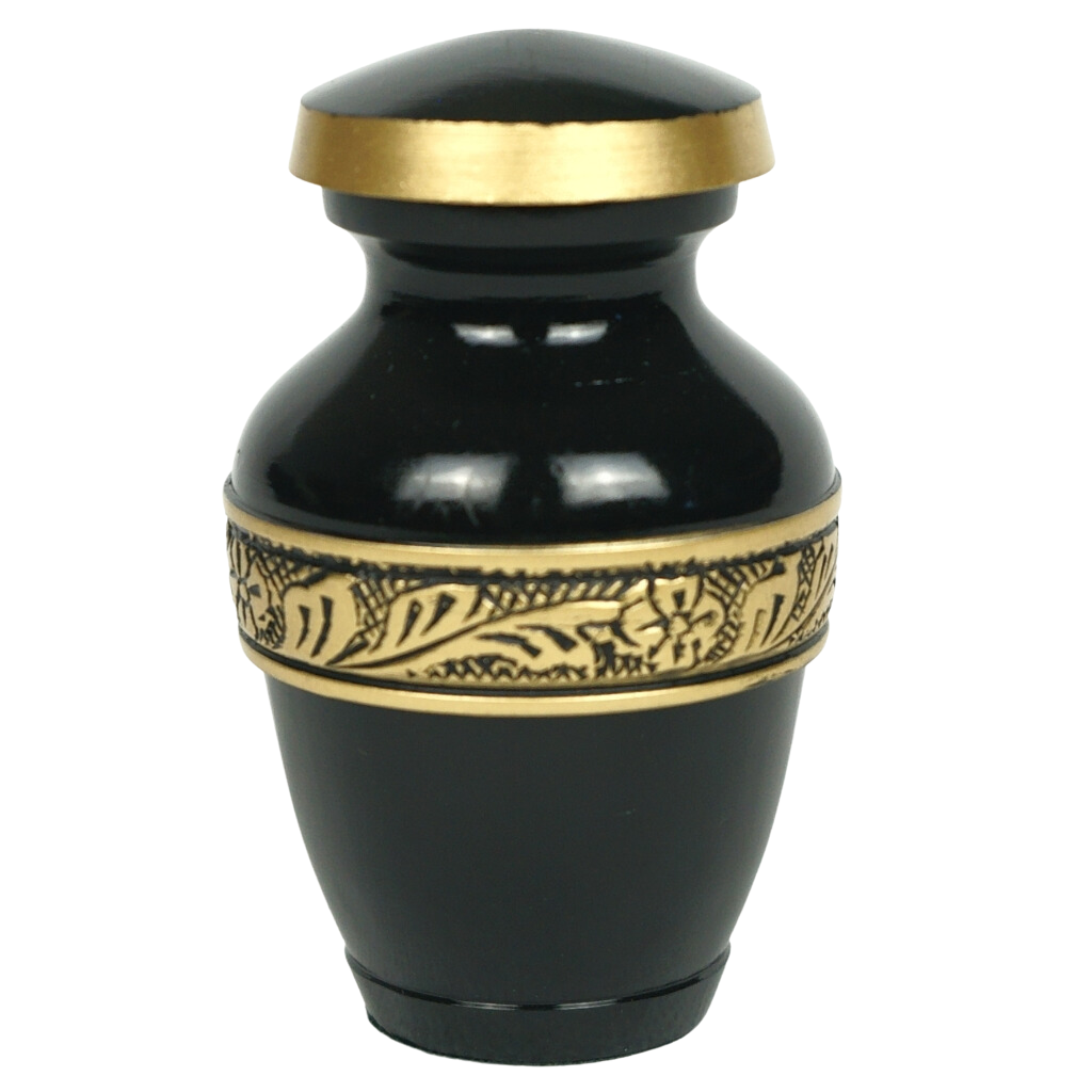 Black keepsake urn with gold leaf and flower detailing