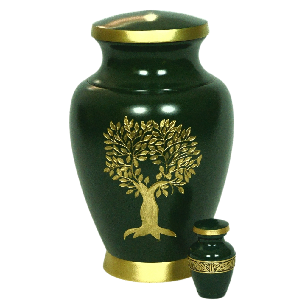 Green keepsake urn with gold leaf details next to tree of life full size urn
