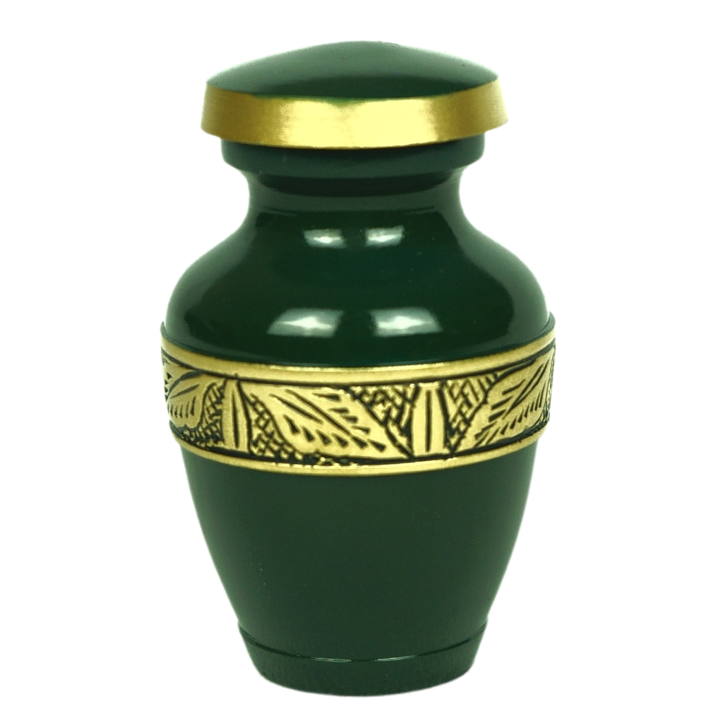 Green keepsake urn with gold leaf details
