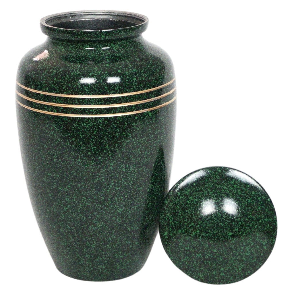 Sparkled green urn with 3 gold trim lines lid off