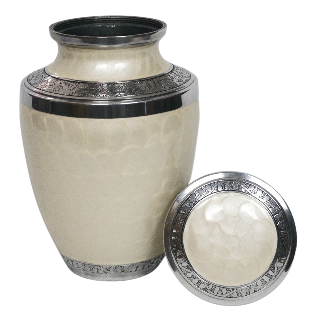 White soft scale urn with silver leaf details lid off