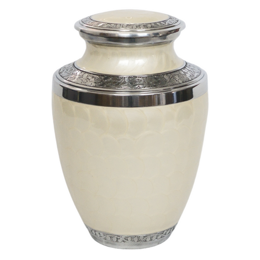 White soft scale urn with silver leaf details