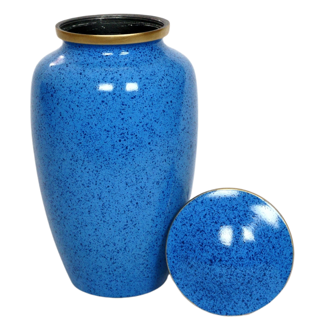 Blue urn with dark blue specked pattern and gold trim lid off