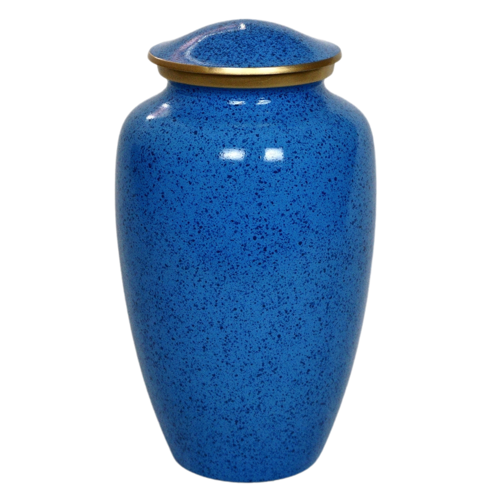 Blue urn with dark blue specked pattern and gold trim