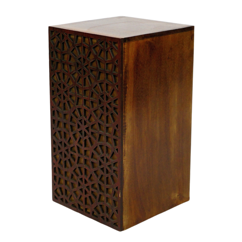 Wooden box urn with intricate circular details