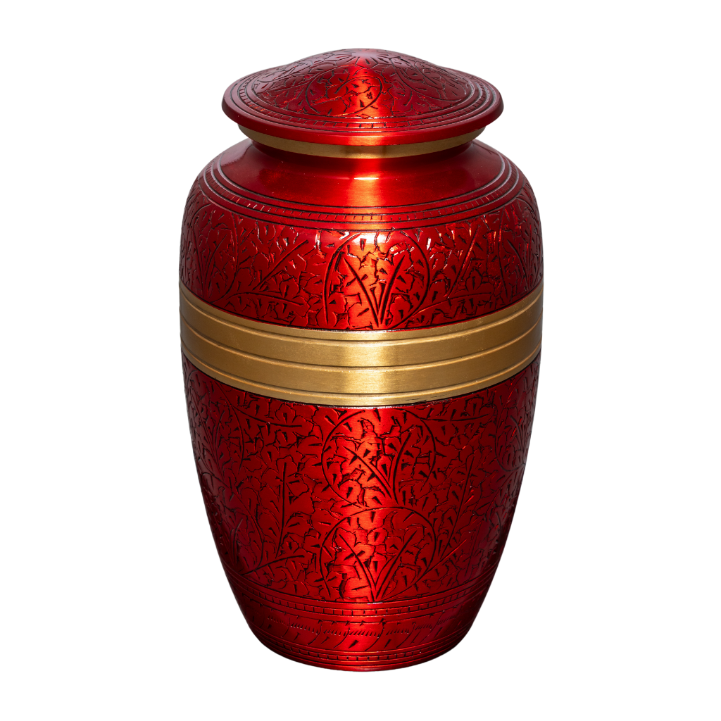 Red aluminium urn with intricate engravings and a gold detail