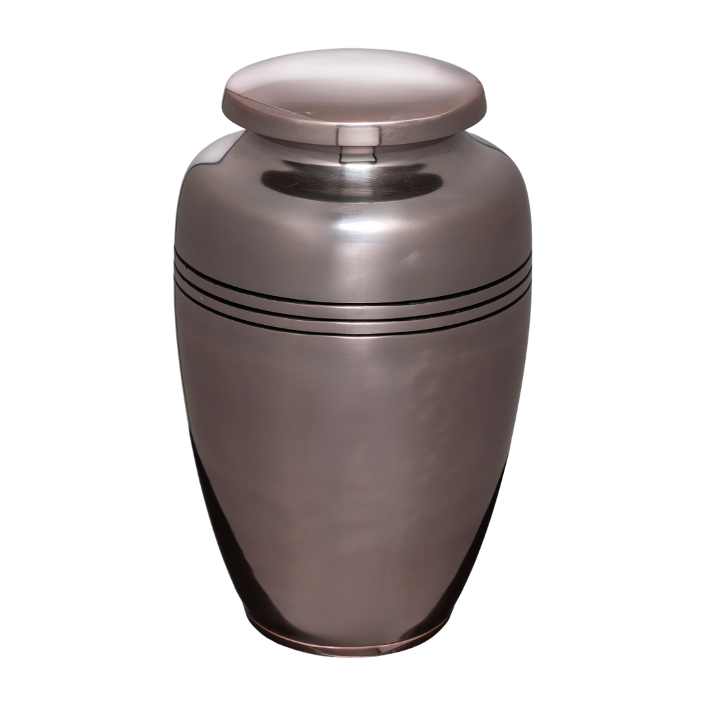 Slightly pink metallic urn with 3 black line details