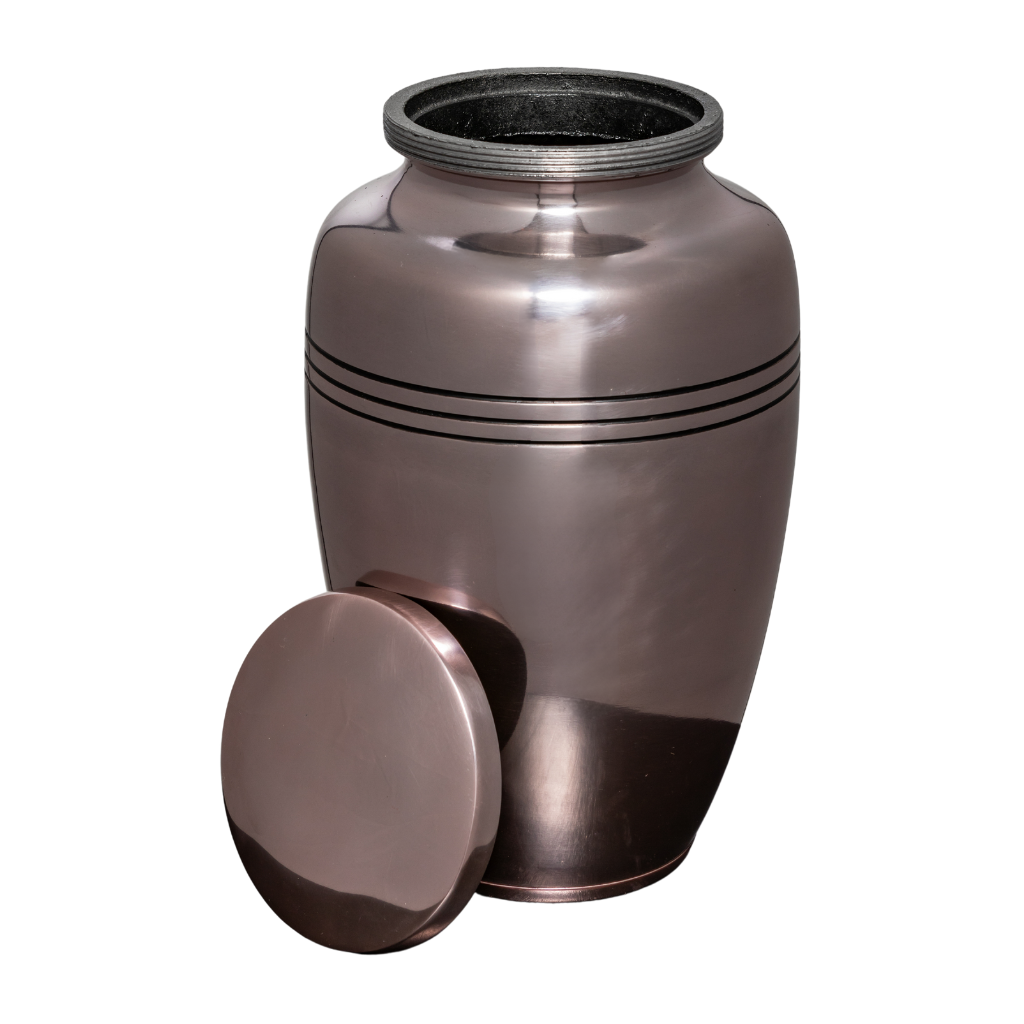 Slightly pink metallic urn with 3 black line details