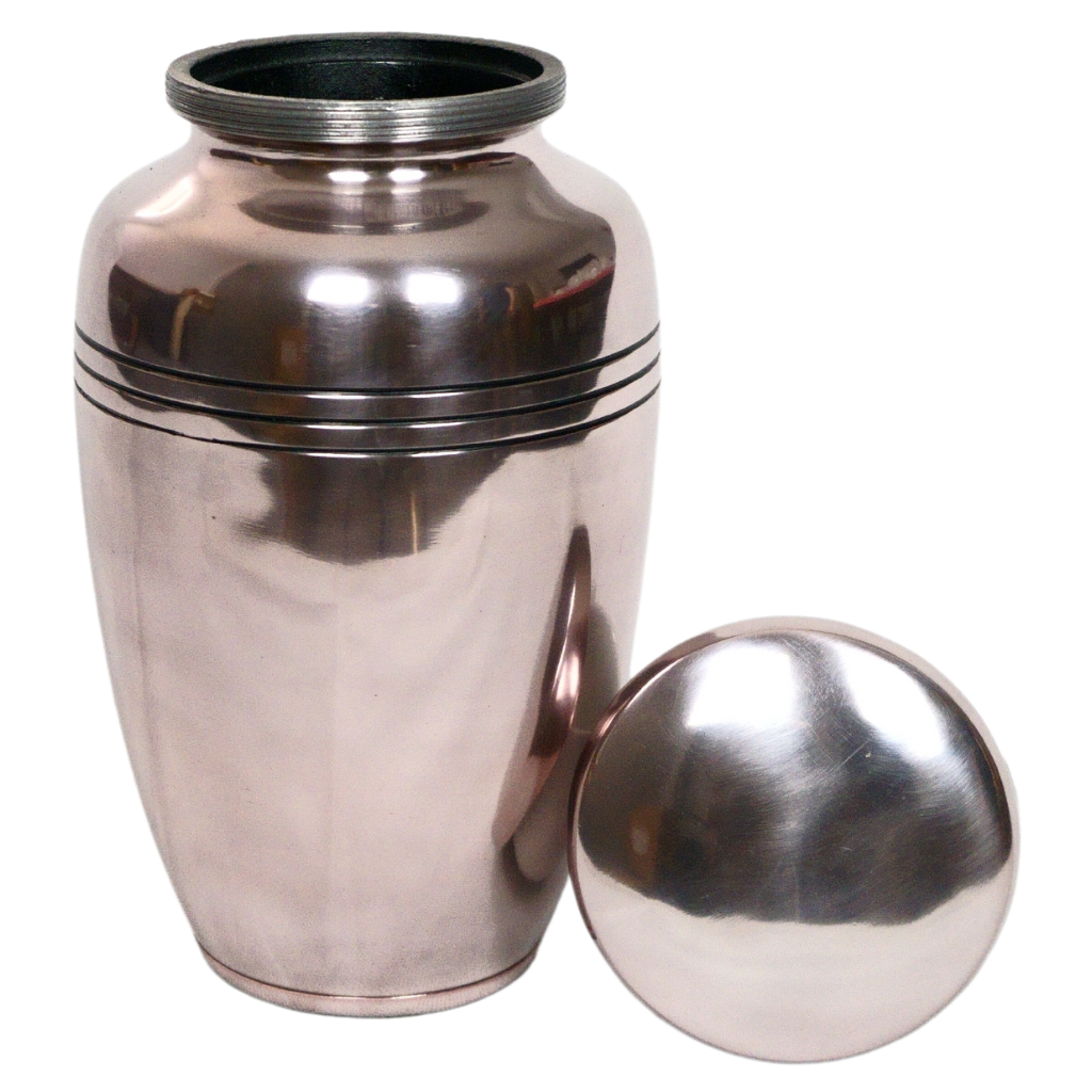 Slightly pink metallic urn with 3 black line details lid off