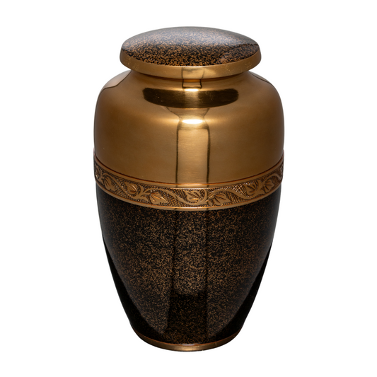 Bronze coloured aluminium urn with black speckled details on the bottom half