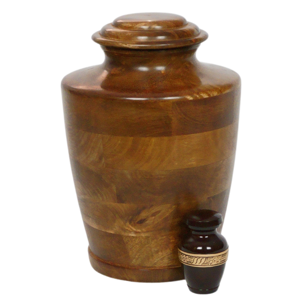 Brown keepsake urn with gold leaf detailed band next to full size traditional wooden urn