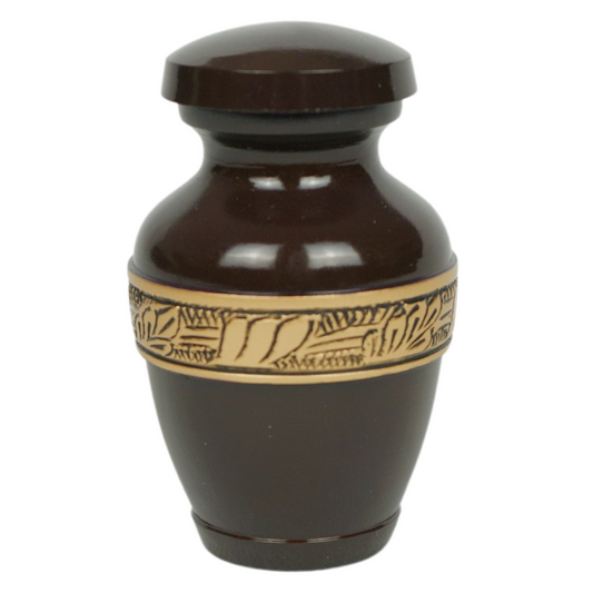 Brown keepsake urn with gold leaf detailed band
