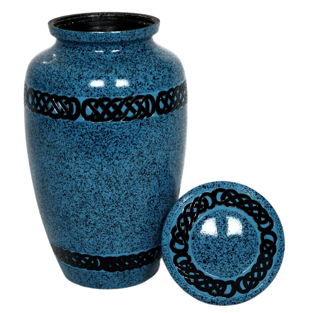 Blue urn with speckled black dots and Aztec style banded patterns lid off