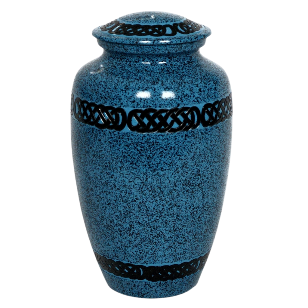Blue urn with speckled black dots and Aztec style banded patterns