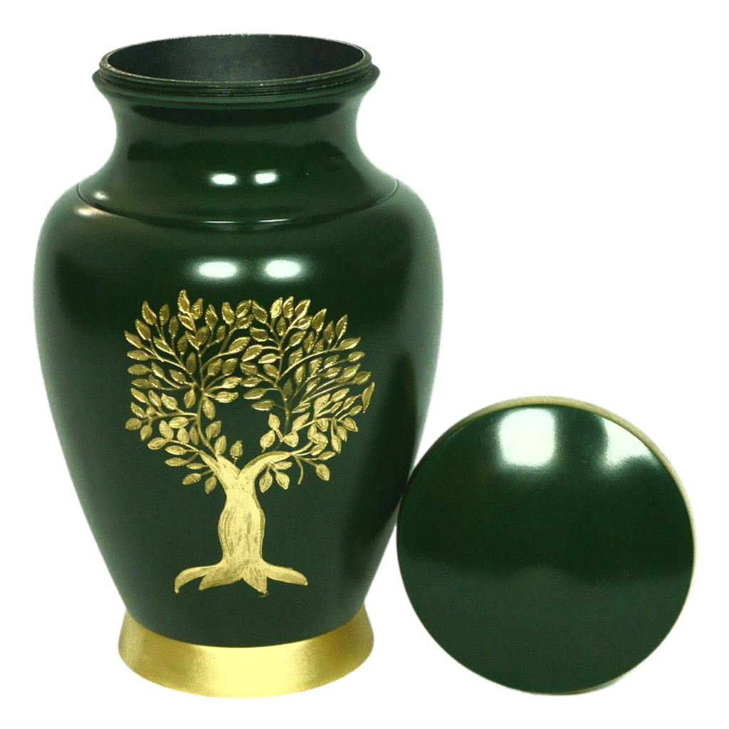 Green urn with gold tree of life image lid off