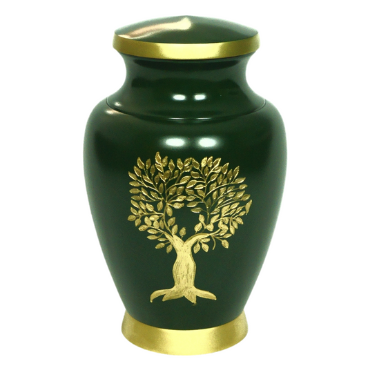 Green urn with gold tree of life image