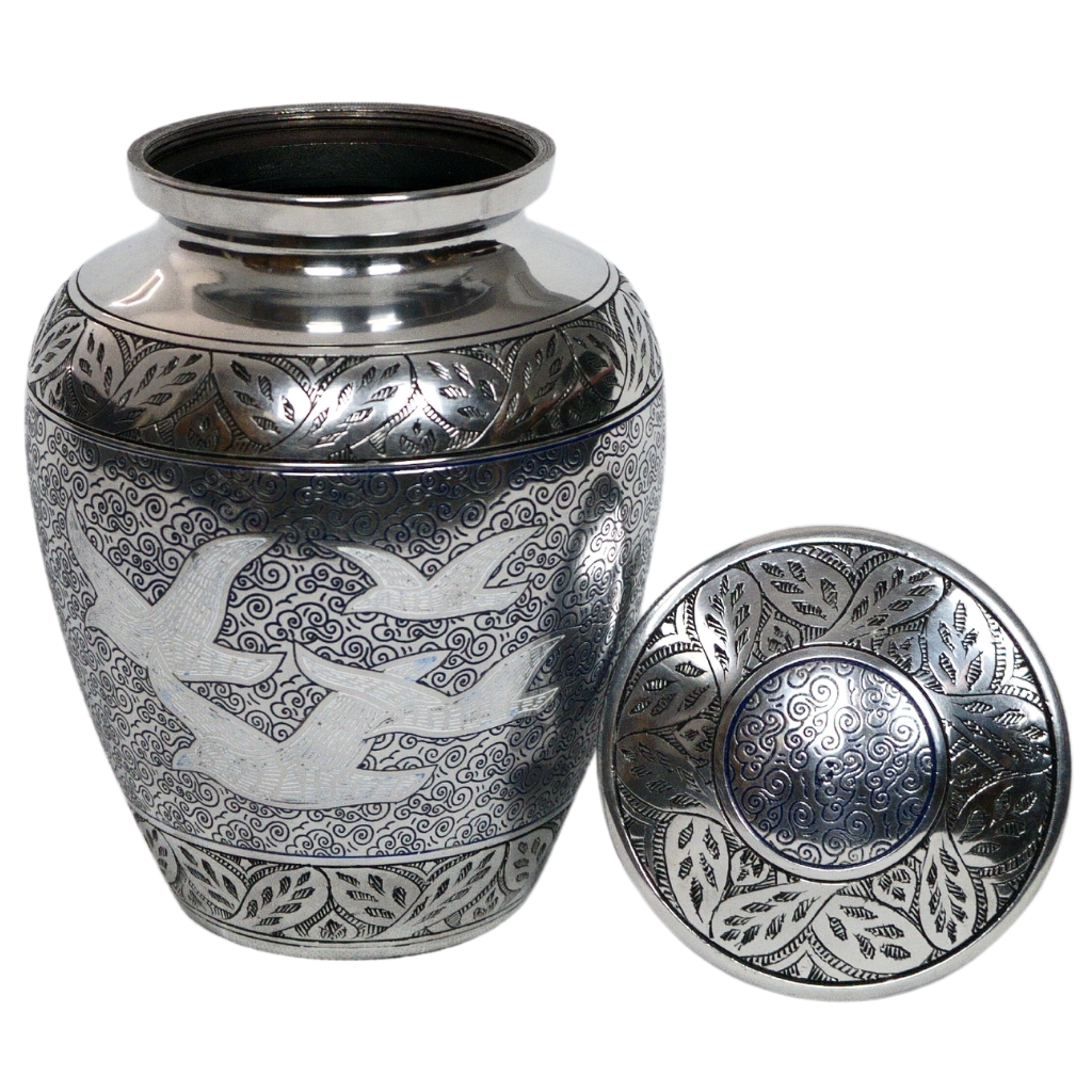 Silver urn with intricate cloud detailing and four prominent white birds etched lid off