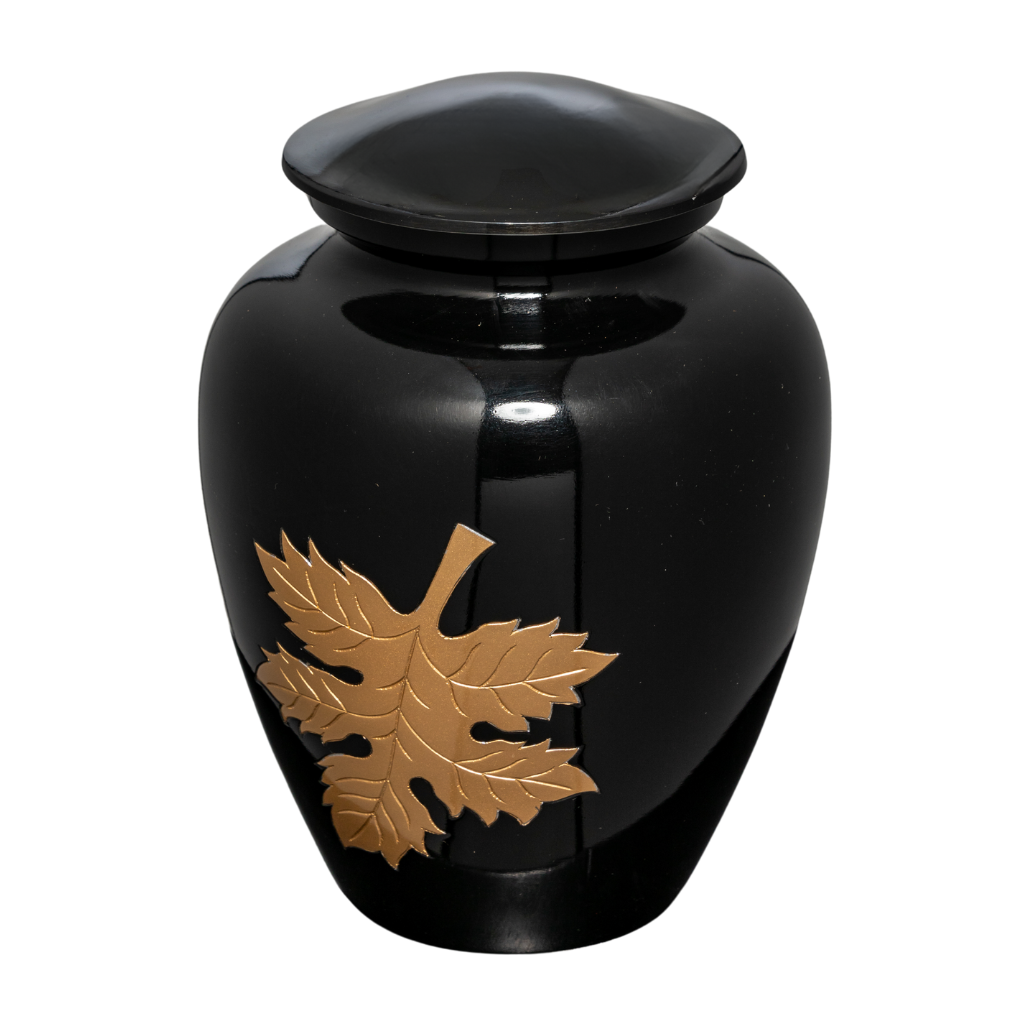 Black urn with gold autumn leaf etched